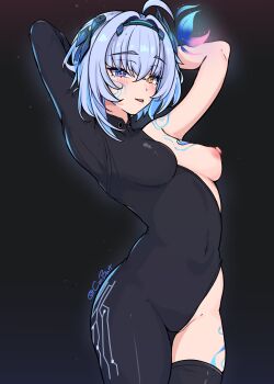 1girl absurdres ahoge armpits arms_behind_head artist_name blue_eyes blue_hair blush breasts commentary coubalty facial_mark half-dress hashtag-only_commentary heterochromia highres hip_tattoo looking_at_viewer medium_breasts navel nipples noa_talent one_breast_out sayu_sincronisity short_hair smile solo tattoo techwear tongue tongue_out virtual_youtuber yellow_eyes