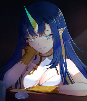 1girl absurdres alcohol ao_wuwu aqua_eyes bare_shoulders black_background blonde_hair blue_hair bottle breasts chain chain_earrings china_dress chinese_clothes choko_(cup) claws cleavage_cutout clothing_cutout colored_eyelashes colored_inner_hair commentary cup dragon_girl dragon_horns dress earrings english_commentary gold_claws gold_scales hand_on_own_face high_collar highres horns indoors jewelry kenney_q11 long_hair looking_at_viewer multicolored_hair parted_bangs pointy_ears sake sake_bottle scales sharp_teeth simple_background single_horn sleeveless sleeveless_dress small_breasts smile table teeth thick_eyelashes v4mirai virtual_youtuber yellow_pupils