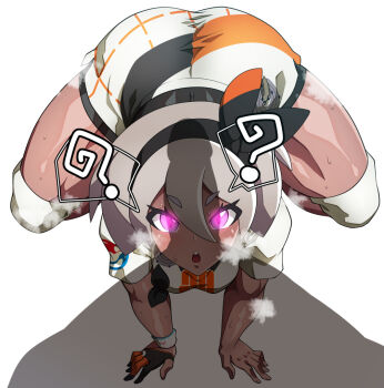 1boy 1girl ? ?? adama0s0284 all_fours alternate_eye_color arm_support ass bea_(pokemon) black_bodysuit black_hairband blush bodysuit bodysuit_under_clothes bow_hairband breasts collared_shirt dark-skinned_female dark_skin erection full_body gloves glowing glowing_eyes grey_hair hair_between_eyes hairband heavy_breathing hetero hypnosis imminent_fellatio legs_apart lips looking_at_another looking_at_penis looking_at_viewer medium_breasts mind_control nintendo pink_eyes pokemon pokemon_swsh shiny_skin shirt short_hair short_sleeves shorts simple_background single_glove speech_bubble steaming_body sweatdrop thighs white_background wide_hips