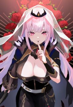 1girl absurdres black_cape black_dress black_nails black_tiara breasts cape cleavage dress finger_to_mouth floral_background flower highres hololive hololive_english large_breasts long_hair looking_at_viewer miei mori_calliope mori_calliope_(1st_costume) pink_eyes pink_hair red_flower red_rose rose shushing solo spiked_cape tiara veil virtual_youtuber