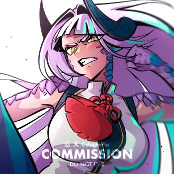 1girl attack blunt_bangs breasts china_dress chinese_clothes clenched_teeth cloumello colored_extremities commentary commission dragon_girl dragon_horns dress hair_intakes hand_up hashtag-only_commentary highres horns large_breasts long_hair original purple_hair purple_hands scales simple_background slit_pupils solo teeth upper_body vgen_commission white_background white_dress yellow_eyes