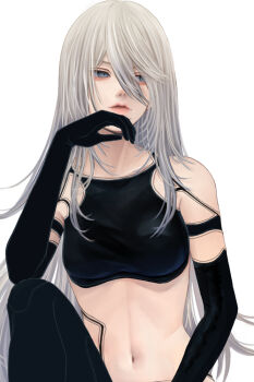 Rule 34 | 1girl, a2 (nier:automata), aegyo sal, android, artist name, black thighhighs, blue eyes, collarbone, commentary request, crossed arms, crossed legs, hair between eyes, highres, long hair, looking at viewer, mitsuki nite, mole, mole under mouth, nier:automata, nier (series), parted lips, pink lips, simple background, sitting, solo, thighhighs, twitter username, watermark, white background, white hair