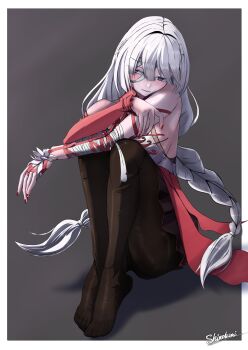 Rule 34 | 1girl, :t, absurdres, bandaged arm, bandages, bare shoulders, black pantyhose, black skirt, blush, braid, closed mouth, commentary, grey eyes, grey hair, haoyitay, heterochromia, highres, knees up, long hair, looking afar, nail polish, no shoes, pantyhose, phrolova (wuthering waves), red eyes, red nails, sitting, skirt, solo, toes, wuthering waves
