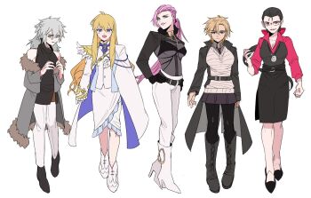 5girls arm_at_side arms_at_sides ascot bare_shoulders belt beryl_gut black-framed_eyewear black_belt black_boots black_coat black_gloves black_hair black_necktie black_pantyhose black_shirt black_shoes black_shrug black_skirt black_vest blonde_hair blue_ascot blue_eyes boots bow breasts brooch cape cleavage clenched_hand coat collared_shirt command_spell commentary crypters_(fate/grand_order) daybit_sem_void fate/grand_order fate_(series) feathers frilled_sleeves frills full_body fur-trimmed_coat fur_trim genderswap genderswap_(mtf) glasses gloves gold_trim grey_coat grey_hair grey_shirt hair_between_eyes hair_bow hair_slicked_back han12sara hand_on_own_chest hand_up hands_on_own_hips hands_up high_heel_boots high_heels highres jacket jewelry kadoc_zemlupus kirschtaria_wodime korean_commentary light_blush lineup lipstick long_hair long_sleeves looking_at_viewer makeup medium_hair multiple_girls neck_ring necktie o-ring o-ring_belt off_shoulder open_clothes open_coat open_mouth pants pantyhose parted_bangs parted_lips pendant pink_hair pink_lips pleated_skirt ponytail purple_eyes red_bow red_eyes red_shirt scandinavia_peperoncino shirt shoes shrug_(clothing) side_cape simple_background skirt sleeveless sleeveless_shirt smile standing sweat sweater_vest teeth two-sided_cape two-sided_fabric undercut upper_teeth_only vest white_background white_boots white_cape white_feathers white_gloves white_jacket white_pants white_shoes white_skirt white_sweater_vest yellow_eyes