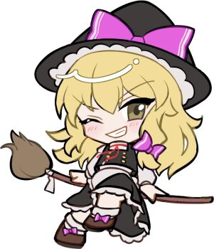 1girl apron black_hat black_shoes black_skirt black_vest blonde_hair blush bow broom broom_riding buttons chibi chibi_only double-breasted double-parted_bangs footwear_bow frilled_apron frilled_skirt frills full_body grin hair_between_eyes hair_bow hat hat_bow kirisame_marisa long_hair looking_at_viewer mirei_(miirei) one_eye_closed pink_bow shirt shoes short_sleeves simple_background sitting skirt skirt_set smile socks solo touhou transparent_background v-shaped_eyebrows vest waist_apron white_apron white_shirt white_socks witch_hat yellow_eyes