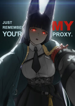 1girl animal_ears black_hair black_necktie black_skirt breasts commentary english_commentary english_text fox_ears fox_girl green_jacket highres hoshimi_miyabi jacket large_breasts long_hair looking_at_viewer lunnavrmlln necktie open_clothes open_jacket open_mouth pleated_skirt red_eyes shirt skirt solo white_shirt yandere zenless_zone_zero