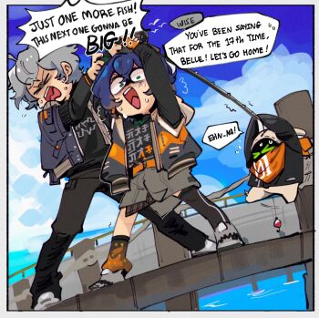 1boy 1girl bandana bangboo_(zenless_zone_zero) belle_(zenless_zone_zero) black_shirt blue_hair blush bollard brother_and_sister closed_eyes eous_(zenless_zone_zero) fishing fishing_rod green_eyes grey_hair hair_ornament highres holding holding_fishing_rod jacket jetty kinzaibatsu91 letter_hair_ornament open_mouth orange_bandana orange_scarf scarf shirt short_hair siblings wharf wise_(zenless_zone_zero) zenless_zone_zero