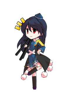 1girl black_socks blue_dress blue_hair blue_shoes chibi chibi_only coat commentary_request dairi dress frilled_dress frills full_body gem geta hat holding holding_tripod iizunamaru_megumu kneehighs large_variant_set long_hair pointy_ears pom_pom_(clothes) purple_shoes red_eyes ribbon_trim shoes shoulder_guard simple_background sleeveless sleeveless_coat socks solo standing standing_on_one_leg tachi-e tengu tengu-geta tokin_hat touhou transparent_background tripod variant_set