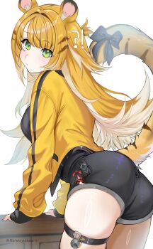 ! !? 1girl ? absurdres aged_up alternate_breast_size_(larger) animal_ears artist_name ass black_shirt black_shorts blonde_hair blue_bow blush bow breasts chinese_commentary closed_mouth commentary green_eyes harutoyumaarts highres jacket ju_fufu long_hair looking_at_viewer medium_breasts multicolored_hair o-ring o-ring_thigh_strap shirt short_shorts shorts sideboob solo tail tail_bow tail_ornament thigh_strap tiger_ears tiger_girl tiger_stripes tiger_tail twitter_username two-tone_hair white_hair yellow_jacket zenless_zone_zero