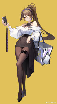 Rule 34 | 1girl, absurdres, bag, belt, black belt, black hairband, black pantyhose, black shoes, black skirt, breasts, brown hair, camera, chinese commentary, cleavage, closed mouth, commentary request, criss-cross halter, crossed legs, earrings, expressionless, full body, glint, hair between eyes, hairband, halterneck, hand up, high-low skirt, high heels, high ponytail, highres, holding, holding camera, hoop earrings, iridescent bag, jewelry, lipgloss, long hair, long sleeves, looking at viewer, mole, mole under eye, name tag, off-shoulder shirt, off shoulder, orange eyes, original, pantyhose, poet sleeves, ponytail, purple hairband, ring, see-through pantyhose, shirt, shoes, shopping bag, side part, simple background, skirt, small breasts, standing, striped clothes, striped hairband, thigh strap, very long hair, watermark, watson cross, weibo watermark, white shirt, yellow background, yitan lan pingguo