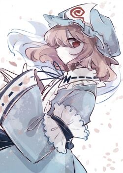 1girl blue_kimono closed_mouth expressionless falling_petals frills from_side hand_up hat highres japanese_clothes kimono long_sleeves medium_hair mob_cap one_eye_covered petals pink_eyes pink_hair pink_petals saigyouji_yuyuko solo tama_(hiroshige_36) touhou triangular_headpiece veil white_background