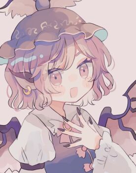 1girl animal_earrings bird_girl bird_wings black_nails blush commentary fingernails frilled_hat frilled_sleeves frills hand_on_own_chest hat hiyuu_(hiyualice) long_sleeves looking_at_viewer mystia_lorelei nail_polish shirt short_hair simple_background smile solo touhou upper_body white_shirt wing_ears wing_hat_ornament wings