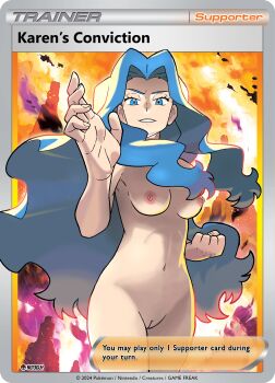 1girl absurdres armpits blue_eyes blue_hair breasts character_name cleft_of_venus clenched_hand clenched_teeth collarbone completely_nude elite_four english_text facing_viewer female_focus fighting_stance fingernails fire floating_hair groin hair_intakes hands_up highres karen_(pokemon) large_breasts legs legs_together light_blue_hair long_hair looking_at_viewer looking_down matching_hair/eyes naughty_face neck nilterguy nintendo nipples nude nude_filter official_art_nude_filter parted_bangs pokemon pokemon_hgss pokemon_tcg pussy raised_fist shaded_face sidelocks smirk standing stomach teeth thighs third-party_edit v-shaped_eyebrows wavy_hair