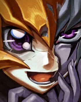 Rule 34 | 1boy, :d, cracked kawaii mask, facial mark, grey hair, hair between eyes, looking at viewer, lower teeth only, male focus, multicolored hair, open mouth, orange hair, purple eyes, saltedfishxuan, shingetsu rei, smile, solo, split-color hair, teeth, two-tone hair, upper body, vector (yu-gi-oh!), yu-gi-oh!, yu-gi-oh! zexal