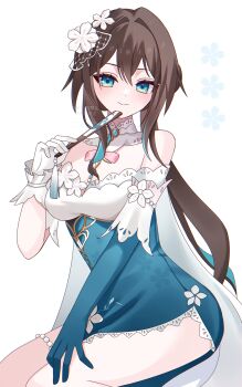 Rule 34 | 1girl, asymmetrical gloves, bare shoulders, blue dress, blue eyes, blue gloves, brown hair, closed mouth, commentary request, dress, flower, folded fan, folding fan, gloves, hair between eyes, hair flower, hair ornament, hand fan, hand up, highres, holding, holding fan, honkai: star rail, honkai (series), kino (curry pan), long hair, looking at viewer, official alternate costume, ruan mei (honkai: star rail), ruan mei (plumblossom letter) (honkai: star rail), simple background, sitting, smile, solo, uneven gloves, very long hair, white background, white flower, white gloves