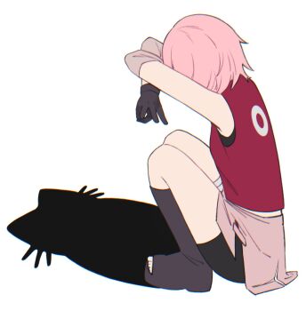 1girl bandaged_leg bandages bike_shorts bike_shorts_under_skirt black_boots black_gloves black_shorts boots cat_shadow_puppet_(meme) chromatic_aberration elbow_sleeve flat_color gloves haruno_sakura highres knee_boots meme midriff_peek naruto_(series) open-toe_boots pink_hair pink_skirt red_vest shadow shorts side_slit simple_background skirt squatting tenartistt vest white_background
