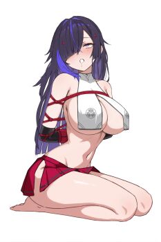 1girl arms_behind_back bare_shoulders barefoot bdsm black_hair blue_hair blush bondage bound breast_curtains breasts chaos_zero_nightmare chizuru_(chaos_zero_nightmare) cleavage clothing_cutout commentary covered_erect_nipples drooling evil_rat hair_ornament hakama hakama_short_skirt hakama_skirt highres japanese_clothes large_breasts miko mole mole_under_eye multicolored_hair navel one_eye_covered purple_eyes red_hakama rolling_eyes shibari sideboob skirt torogao