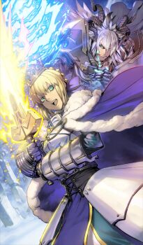 1boy 1girl armor armored_dress armored_gloves artoria_pendragon_(fate) blonde_hair blue_bow blue_cape blue_dress bow braid breastplate bun_with_braided_base cape chest_tattoo closed_mouth commentary crown curled_horns dragon_boy dragon_horns dress dutch_angle excalibur_(fate/stay_night) facial_tattoo fate/grand_order fate_(series) faulds fur-trimmed_cape fur_trim gauntlets glowing glowing_sword glowing_tattoo glowing_weapon green_eyes hair_between_eyes hair_bow holding holding_sword holding_weapon horns long_hair long_sleeves looking_at_another official_art open_mouth saber_(fate) shishizaru sidelocks siegfried_(fate) sword tattoo teeth third-party_source two-handed upper_teeth_only v-shaped_eyebrows weapon white_hair