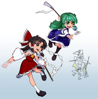 3d absurdres black_hair blue_dress blue_skirt bow collar collared_shirt detached_sleeves dress gohei green_eyes green_hair hair_bow hair_tubes hakurei_reimu highres japanese_clothes kirisame_marisa kochiya_sanae long_hair long_skirt miko nontraditional_miko red_bow red_dress red_shirt red_skirt shirt sidelocks skirt skirt_set sleeveless sleeveless_shirt takki_thammawan touhou white_collar white_shirt