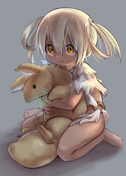 Rule 34 | 1girl, absurdres, aq gohan, barefoot, blonde hair, blood, blood on ground, collarbone, commentary request, creature, crop top, dark-skinned female, dark skin, grey background, hair between eyes, hair rings, highres, holding, holding creature, injury, irumyuui, light frown, looking at viewer, made in abyss, medium hair, miniskirt, o-ring, sidelocks, simple background, skirt, thighs, yellow eyes