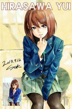 1girl bad_id bad_pixiv_id black_pantyhose brown_eyes brown_hair character_name character_request cosplay derivative_work hair_between_eyes hair_ornament hairclip hirasawa_yui k-on! lips looking_at_viewer pantyhose photo_inset pleated_skirt reference_inset reference_photo reference_work school_uniform seok short_hair sitting skirt