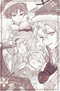 1girl 3boys absurdres albedo_(genshin_impact) child closed_mouth dodoco_(genshin_impact) dragon dragon_boy dragon_horns dragon_wings durin_(genshin_impact) finger_to_mouth genshin_impact greyscale hat highres horns klee_(genshin_impact) looking_at_another looking_at_viewer merry_christmas monochrome muimi575 multiple_boys santa_hat shushing sleeping teeth wings