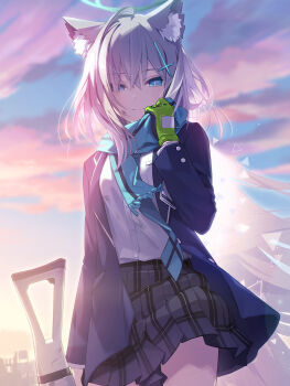 1girl animal_ear_fluff animal_ears azumi_akitake black_skirt blue_archive blue_scarf closed_mouth cloud commentary_request cross_hair_ornament floating_hair gloves green_gloves grey_hair gun hair_between_eyes hair_ornament hair_over_one_eye halo hand_up highres holding holding_gun holding_weapon jacket medium_hair open_clothes open_jacket outdoors scarf shiroko_(blue_archive) shirt single_glove skirt sky smile solo weapon white_shirt wolf_ears wolf_girl