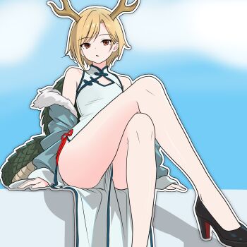 1girl absurdres alternate_costume antlers black_shoes blonde_hair breasts china_dress chinese_clothes cleavage_cutout clothing_cutout commentary dragon_girl dragon_horns dragon_tail dress gemen_daochu_shuijiao green_dress green_scales green_tail high_heels highres horns kicchou_yachie looking_at_viewer orange_eyes shoes short_hair sitting sleeveless sleeveless_dress small_breasts solo spiked_shell tail thighs touhou turtle_shell yellow_horns
