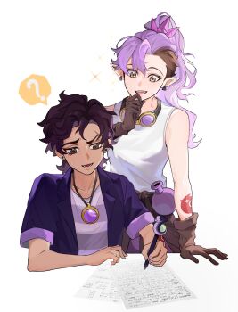 2girls amity_blight arm_tattoo brown_gloves brown_hair enennnn10 eyebrow_cut gloves goggles goggles_around_neck highres jacket jewelry luz_noceda multiple_girls necklace pointy_ears ponytail purple_hair purple_jacket tank_top tattoo the_owl_house writing