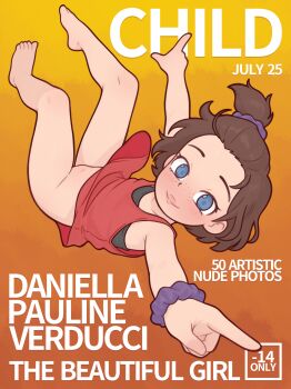 1girl barefoot blue_eyes casytay closed_mouth cover donkey_kong_(series) donkey_kong_bananza dress english_text fake_magazine_cover flat_chest freckles highres loli looking_at_viewer magazine_cover nintendo no_panties pauline_(mario) pauline_(young)_(mario) purple_scrunchie pussy pussy_peek red_dress scrunchie solo toes wrist_scrunchie