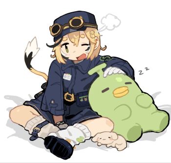 Rule 34 | 1girl, belt, belt buckle, blonde hair, bubbles (dooby), buckle, checkered wristband, dooby, goggles, goggles on headwear, hat, highres, indie virtual youtuber, jerboa tail, kippu (dooby), multicolored hair, one eye closed, open mouth, sakanafune, sitting, sleeping, solo, steam, streaked hair, tail, train conductor, virtual youtuber, wristband, zzz