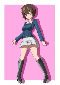 1girl absurdres black_boots blue_jacket blush boots breasts brown_eyes brown_hair clenched_hands closed_mouth commentary_request drops_mint full_body girls_und_panzer green_shirt high_heels highres jacket knee_boots large_breasts long_sleeves looking_at_viewer military military_uniform miniskirt nishizumi_maho ooarai_military_uniform pink_background pleated_skirt shirt short_hair simple_background skirt smile solo standing two-tone_background undershirt white_background