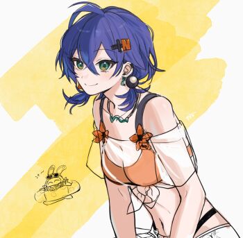 1girl 1other belle_(summer_skies)_(zenless_zone_zero) belle_(zenless_zone_zero) bikini blue_hair blush breasts commentary_request crop_top green_eyes hair_ornament letter_hair_ornament looking_at_viewer nad0_55 navel official_alternate_costume orange_bikini see-through_clothes see-through_shirt shirt short_hair shorts simple_background small_breasts smile swimsuit tied_shirt two-tone_background upper_body white_background yellow_background zenless_zone_zero