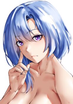 1girl absurdres blue_hair breasts cleavage collarbone commentary_request griseo griseo_(cosmic_expression) highres honkai_(series) honkai_impact_3rd korean_commentary large_breasts long_hair looking_at_viewer nude purple_eyes pyeong_il simple_background solo upper_body white_background