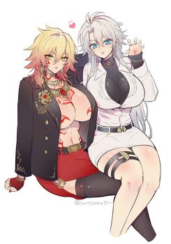 2girls bare_legs belt black_belt breasts commentary_request genderswap genderswap_(mtf) highres honkai:_star_rail honkai_(series) large_breasts long_hair looking_at_viewer miniskirt multicolored_hair multiple_girls mydei_(honkai:_star_rail) no_bra phainon_(honkai:_star_rail) sansuke801 skirt thick_thighs thighs white_hair wide_hips yuri
