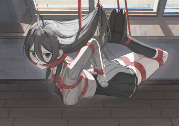 1girl absurdres arms_behind_back bdsm black_footwear black_hair bondage bound bound_arms bound_legs bound_wrists breasts cailin020 cloth_gag from_side gag gagged hanging hanging_breasts highres improvised_gag kimishima_ayano long_hair looking_at_viewer medium_breasts pleated_skirt purple_eyes restrained sailor_collar school_uniform shibari shibari_over_clothes shoes skirt socks tied_up_(nonsexual) tokidoki_bosotto_roshia-go_de_dereru_tonari_no_alya-san window