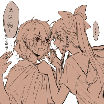 ... 2girls alternate_costume bandaid bandaid_on_face bandaid_on_nose bow braid chinese_commentary chinese_text cigarette clothes_grab collar_grab commentary_request ear_piercing eye_contact hair_bow hair_tubes hakurei_reimu hitte5416 kirisame_marisa looking_at_another monochrome multiple_girls neckwear_grab no_headwear orange_theme piercing ponytail red_eyes shirt short_sleeves side_braid single_braid smoking spoken_ellipsis touhou translation_request