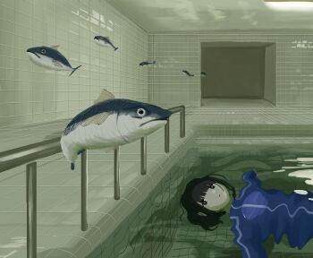 1girl afloat black_hair blue_jacket dream_pool expressionless fins fish flying_fish hashtag-only_commentary highres jacket looking_at_viewer mikami6_6 original railing short_hair solo surreal tile_floor tile_wall tiles water