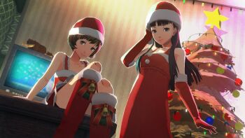 2girls alternate_costume amagi_yukiko atlus black_hair brown_hair christmas dress hat multiple_girls persona persona_4 red_dress satonaka_chie uriziel