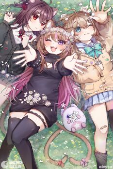 3girls :3 absurdres aivysu animal_ears aqua_bow aqua_bowtie arm_up arms_up asymmetrical_legwear bandaid bandaid_on_knee bandaid_on_leg black_cardigan black_nails black_skirt black_socks black_sweater black_thighhighs blue_eyes blue_sailor_collar blue_skirt blush bow bowtie brown_hair cardigan cat_cutout cat_ears cat_girl cat_tail cleavage_cutout closed_mouth clothing_cutout commentary commission english_commentary evil_neuro-sama falling_petals feet_out_of_frame flower from_above grass hair_between_eyes hair_ornament hair_ribbon head_wreath heart heart_hair_ornament highres holding holding_flower indie_virtual_youtuber long_hair long_sleeves lying multicolored_hair multiple_girls nail_polish neko_ella neuro-sama off-shoulder_cardigan on_back on_grass one_eye_closed open_mouth petals pink_bow pink_hair pleated_skirt purple_eyes reaching reaching_towards_viewer red_bow red_bowtie red_eyes red_ribbon ribbon sailor_collar second-party_source siblings sisters skirt socks sweater tail tail_bow tail_ornament teeth thighhighs twins two-tone_hair two_side_up uneven_legwear upper_teeth_only v-neck vedal_ai virtual_youtuber yellow_cardigan