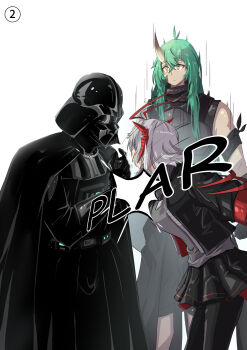 Rule 34 | 1boy, 2girls, absurdres, ahoge, antenna hair, arknights, black cape, black gloves, black jacket, black pantyhose, black robe, black skirt, cape, closed mouth, commentary, crossed bangs, crossover, darth vader, english commentary, facial scar, gloves, green hair, grey hair, grey shirt, hair between eyes, hansi, helmet, highres, horns, hoshiguma (arknights), jacket, long hair, long sleeves, looking at another, miniskirt, multicolored hair, multiple girls, open clothes, open jacket, orange hair, pantyhose, pleated skirt, profile, robe, scar, scar on cheek, scar on face, shirt, short hair with long locks, simple background, single horn, skin-covered horns, skirt, slapping, sound effects, standing, star wars, streaked hair, w (arknights), white background, yellow eyes