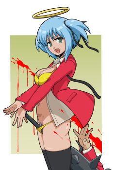 Rule 34 | 1boy, 1girl, ass, bikini, bikini under clothes, black thighhighs, blazer, blood, blue hair, bokusatsu tenshi dokuro-chan, breasts, cleavage, club, club (weapon), collared shirt, excalibolg, from side, fumphole, halo, jacket, kusakabe sakura, looking at viewer, mitsukai dokuro, open clothes, open jacket, open shirt, pubic hair, school uniform, shirt, spiked club, swimsuit, thighhighs, weapon, white shirt, yellow bikini