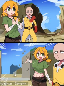 1boy 1girl :d absurdres alex_(minecraft) among_us artist_name bald blonde_hair blue_sky bongftah breasts cloud commentary crewmate_(among_us) crossover day disembodied_legs gameplay_mechanics gloves gojou_satoru green_eyes green_shirt highres jujutsu_kaisen medium_breasts midriff minecraft navel one-punch_man open_mouth outdoors parody red_gloves saitama_(one-punch_man) shirt sky smile symbol-only_commentary