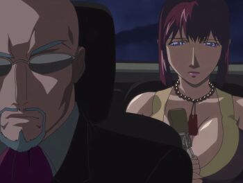 00s 1boy 1girl 2007 animated animated_gif bald bare_shoulders bead_necklace beads bible_black bible_black_new_testament bouncing_breasts breasts car cleavage facial_hair formal_clothes goatee jewelry large_breasts lipstick long_sleeves makeup mature_female monk motor_vehicle necklace nun purple_eyes red_hair religious revealing_clothes shin_bible_black short_hair suit sunglasses tagme takashiro_hiroko tight_clothes wide_hips yuge_toru