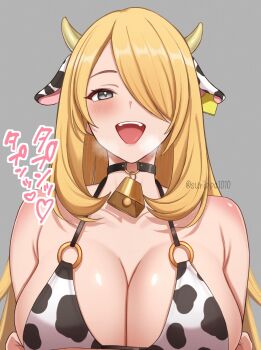1girl animal_ears animal_print bare_arms bikini blonde_hair blush bow bowtie breasts cleavage collarbone commentary_request cow_ears cow_horns cow_print cow_print_bikini cynthia_(pokemon) grey_background grey_eyes hair_over_one_eye highres horns large_breasts long_hair looking_at_viewer nintendo o-ring open_mouth pokemon print_bikini sidelocks simple_background smile solo surippa1010 swimsuit teeth twitter_username upper_body upper_teeth_only