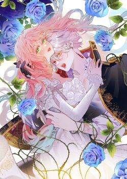 Rule 34 | 1boy, 1girl, absurdres, asymmetrical gloves, b etty01tm, black gloves, blue flower, blue hair, blue rose, cape, commentary request, couple, dress, earrings, fangs, fangs out, flower, frilled shirt collar, frilled sleeves, frills, gloves, gradient hair, green eyes, hana himeru kimi no meteor, hand on another's head, hand on another's shoulder, hand on another's waist, hetero, heterochromia, highres, jewelry, lavi van valentin, looking at viewer, multicolored hair, open mouth, pink hair, plant, red eyes, rose, stella quinwich, teeth, thorns, vampire, vines, white background, white dress, white hair, yellow eyes