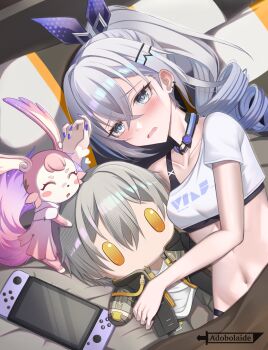 1girl absurdres adobolaide blush blush_stickers caelus_(honkai:_star_rail) character_doll choker crop_top doll drill_hair grey_eyes grey_hair hair_ornament hair_ribbon hairclip handheld_game_console highres honkai:_star_rail honkai_(series) long_hair mem_(honkai:_star_rail) midriff navel nintendo_switch open_mouth ponytail ribbon shirt silver_wolf_(honkai:_star_rail) single-shoulder_shirt single_sleeve stomach trailblazer_(honkai:_star_rail) upper_body white_shirt