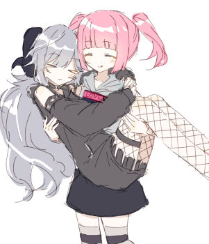 Rule 34 | > <, 2girls, black hoodie, black skirt, blush, carrying, carrying person, character request, closed eyes, clothes writing, commentary request, couple, fishnet pantyhose, fishnets, grey hair, grey hoodie, hardcore tano c, highres, hood, hood down, hoodie, horns, hug, j-core, laur, laur-chan, long hair, long sleeves, multiple girls, pantyhose, pink hair, princess carry, sheep horns, simple background, sketch, skirt, smile, striped clothes, striped thighhighs, thighhighs, twintails, wavy hair, white background, wusem0108, yuri