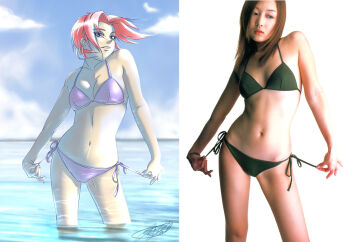 2girls anzu_sayuri asian bad_deviantart_id bad_id bangle beach bikini bracelet comparison cowboy_shot day derivative_work female_focus green_eyes haruno_sakura japanese_(nationality) jewelry jon_kneeland lipstick looking_away looking_down looking_to_the_side makeup medium_hair multiple_girls naruto_(classic) naruto_(series) outdoors photo-referenced photo_(medium) photo_inset pink_bikini pink_hair pulling_string reference_inset reference_photo reference_work short_hair side-tie_bikini_bottom simple_background standing swimsuit tagme wading white_background