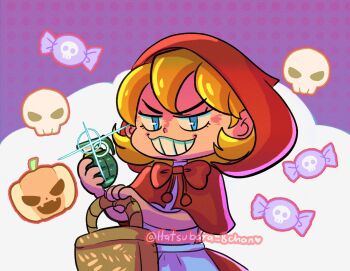 1girl apron artist_name b.b._hood basket blonde_hair blue_eyes bomb bow bowtie candy capelet commentary darkstalkers dress english_commentary evil_grin evil_smile explosive food grenade grin gun halloween halloween_bucket hatsubara_8chan highres holding holding_basket hood hood_up hooded_capelet jack-o'-lantern looking_at_viewer picnic_basket polka_dot polka_dot_background pumpkin purple_background red_bow red_capelet red_dress red_hood short_hair skull smile solo teeth twitter_username v-shaped_eyebrows waist_apron weapon white_apron